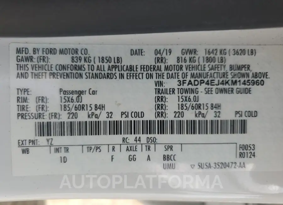 FORD FIESTA SE 2019 vin 3FADP4EJ4KM145960 from auto auction Copart