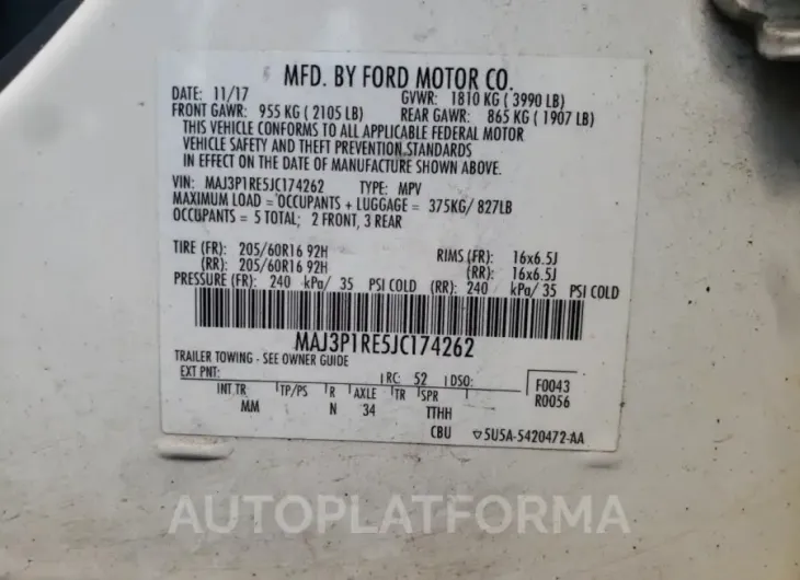 FORD ECOSPORT S 2018 vin MAJ3P1RE5JC174262 from auto auction Copart