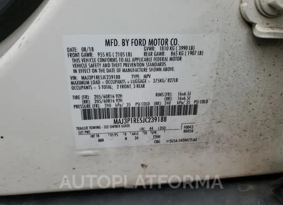 FORD ECOSPORT S 2018 vin MAJ3P1RE5JC239188 from auto auction Copart