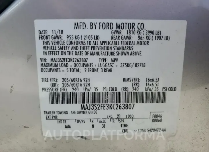 FORD ECOSPORT S 2019 vin MAJ3S2FE3KC263807 from auto auction Copart