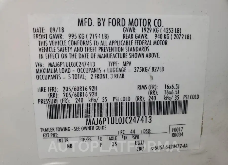 FORD ECOSPORT S 2018 vin MAJ6P1UL0JC247413 from auto auction Copart