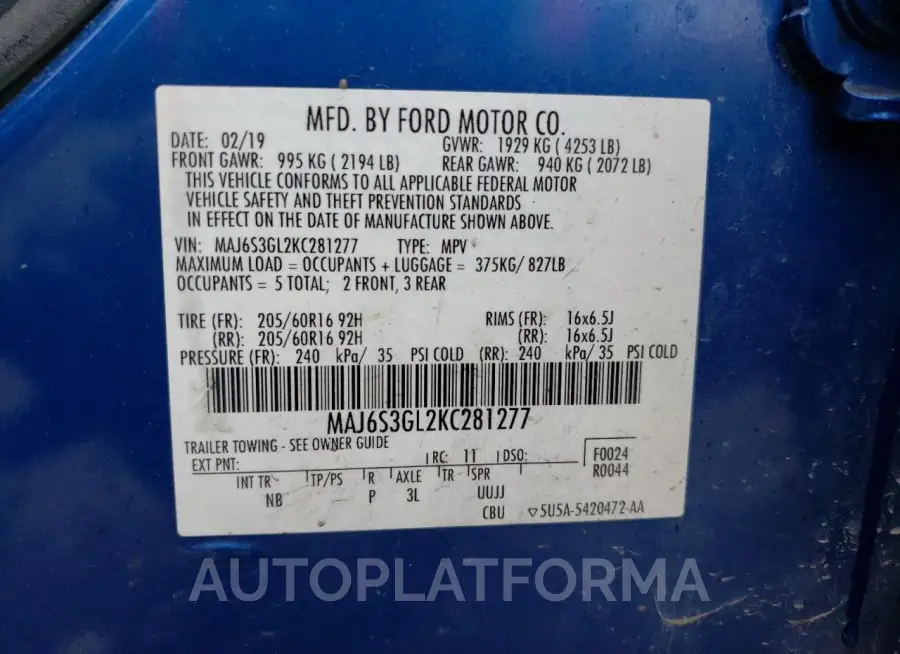 FORD ECOSPORT S 2019 vin MAJ6S3GL2KC281277 from auto auction Copart