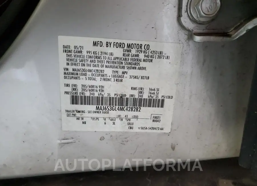 FORD ECOSPORT S 2021 vin MAJ6S3GL4MC428282 from auto auction Copart