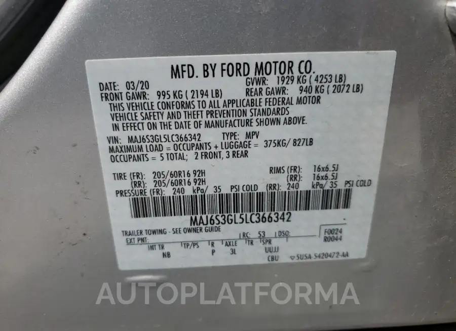 FORD ECOSPORT S 2020 vin MAJ6S3GL5LC366342 from auto auction Copart