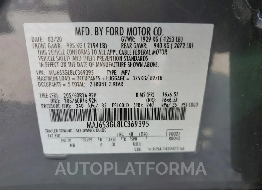 FORD ECOSPORT S 2020 vin MAJ6S3GL8LC369395 from auto auction Copart