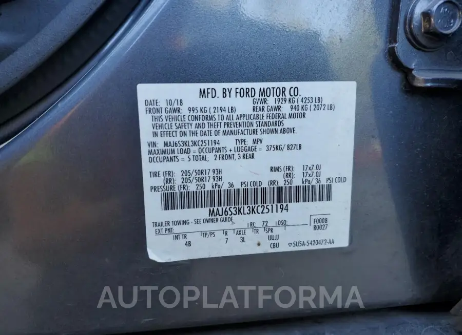 FORD ECOSPORT T 2019 vin MAJ6S3KL3KC251194 from auto auction Copart