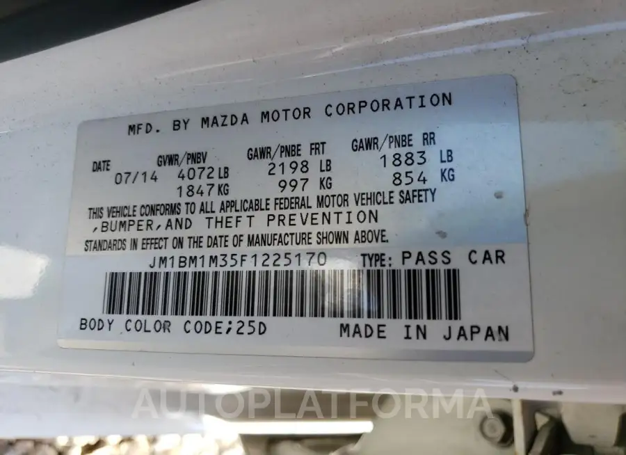 MAZDA 3 GRAND TO 2015 vin JM1BM1M35F1225170 from auto auction Copart