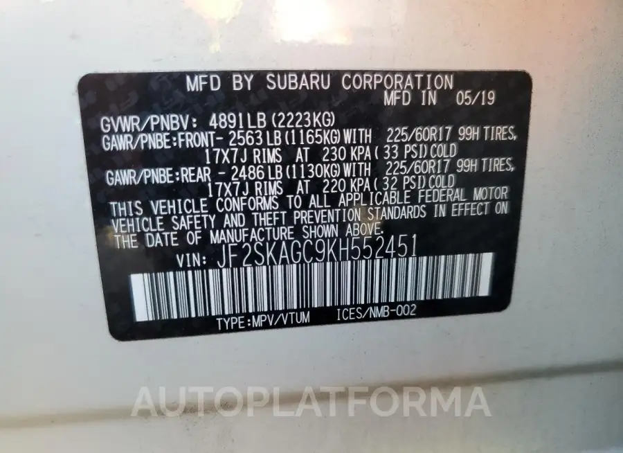 SUBARU FORESTER P 2019 vin JF2SKAGC9KH552451 from auto auction Copart