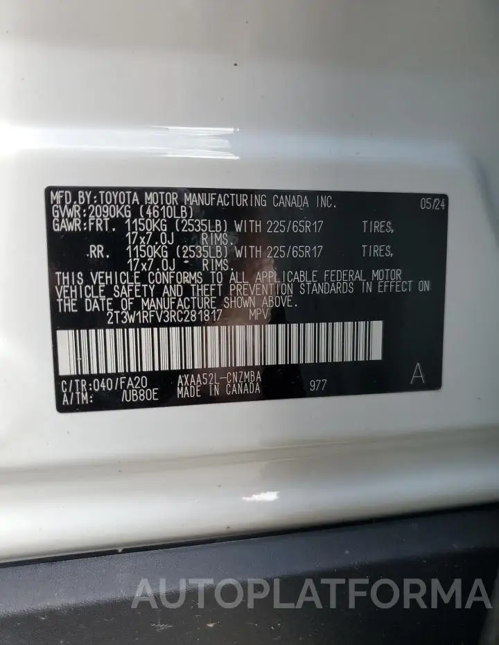 TOYOTA RAV4 XLE 2024 vin 2T3W1RFV3RC281817 from auto auction Copart