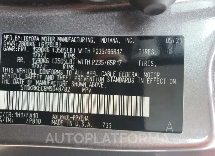 TOYOTA SIENNA LE 2021 vin 5TDKRKEC8MS048782 from auto auction Copart