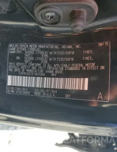 TOYOTA SIENNA XLE 2015 vin 5TDYK3DC5FS645994 from auto auction Copart