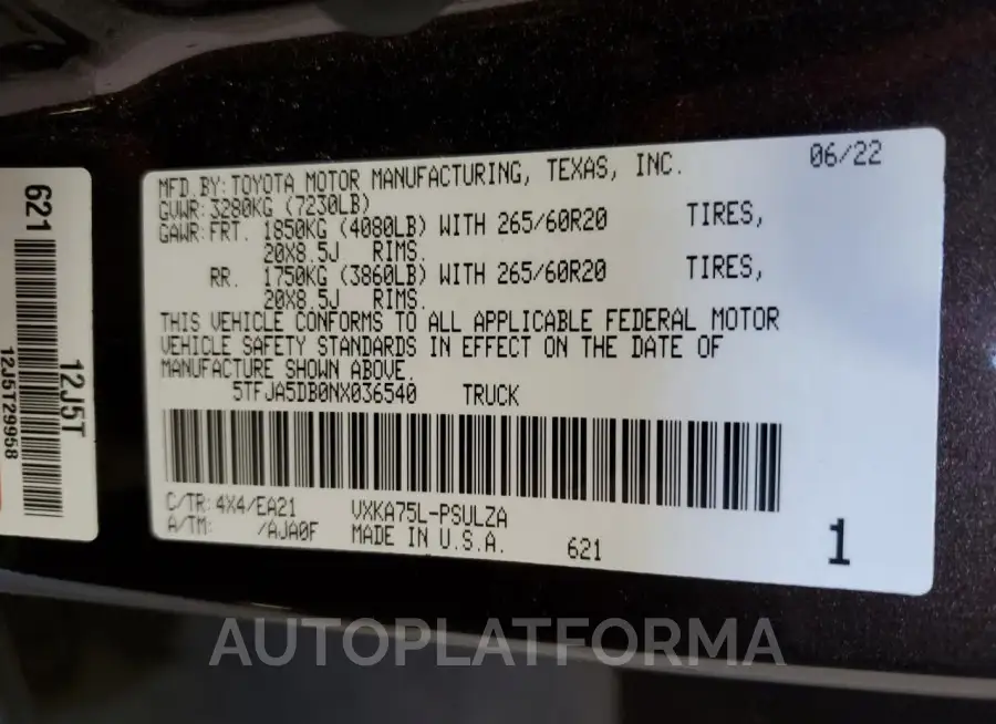 TOYOTA TUNDRA CRE 2022 vin 5TFJA5DB0NX036540 from auto auction Copart