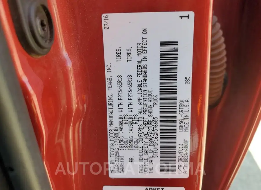 TOYOTA TUNDRA DOU 2016 vin 5TFUY5F16GX576605 from auto auction Copart