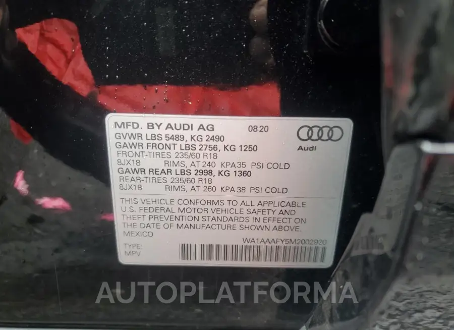 AUDI Q5 PREMIUM 2021 vin WA1AAAFY5M2002920 from auto auction Copart