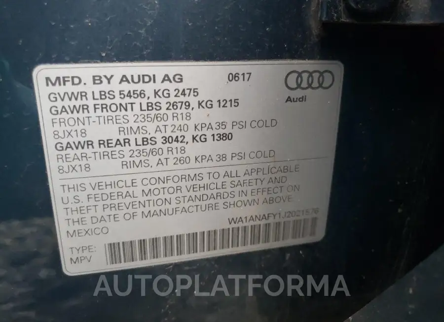 AUDI Q5 PREMIUM 2018 vin WA1ANAFY1J2021576 from auto auction Copart