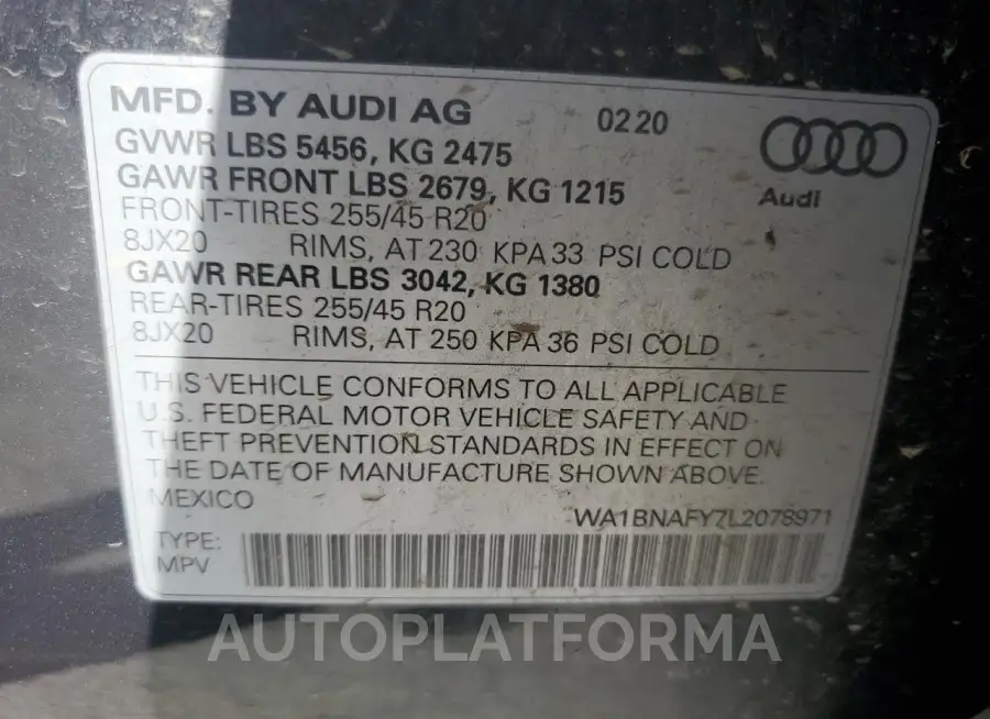 AUDI Q5 PREMIUM 2020 vin WA1BNAFY7L2078971 from auto auction Copart