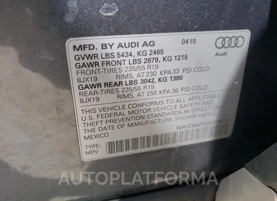 AUDI Q5 PRESTIG 2019 vin WA1CNAFY2K2104217 from auto auction Copart