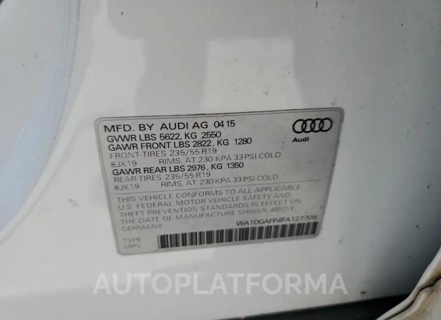 AUDI Q5 PREMIUM 2015 vin WA1DGAFP4FA127709 from auto auction Copart