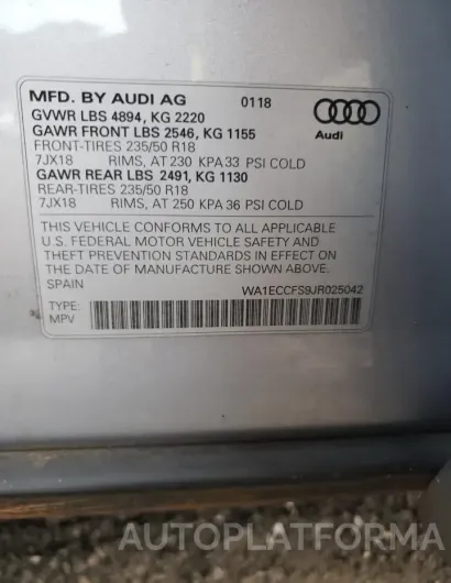 AUDI Q3 PREMIUM 2018 vin WA1ECCFS9JR025042 from auto auction Copart