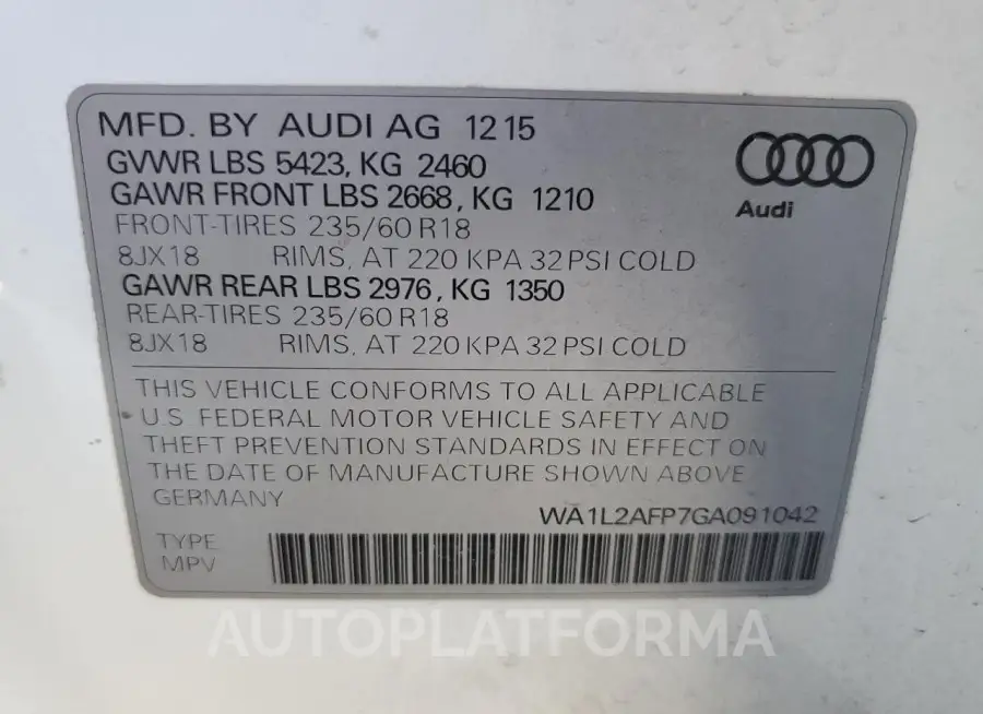 AUDI Q5 PREMIUM 2016 vin WA1L2AFP7GA091042 from auto auction Copart