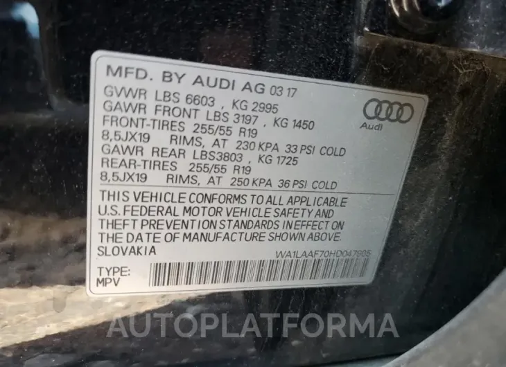 AUDI Q7 PREMIUM 2017 vin WA1LAAF70HD047905 from auto auction Copart