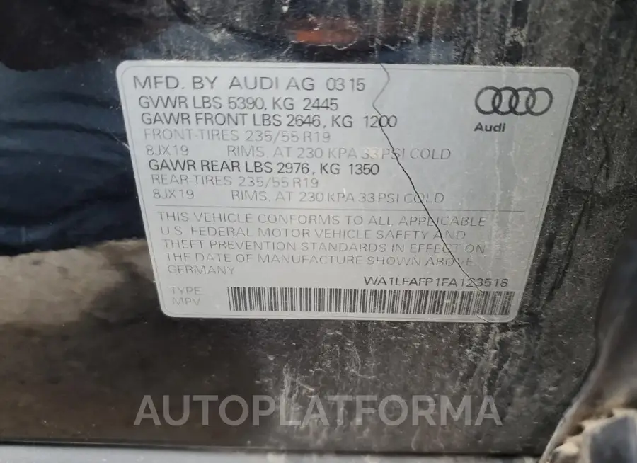 AUDI Q5 PREMIUM 2015 vin WA1LFAFP1FA123518 from auto auction Copart