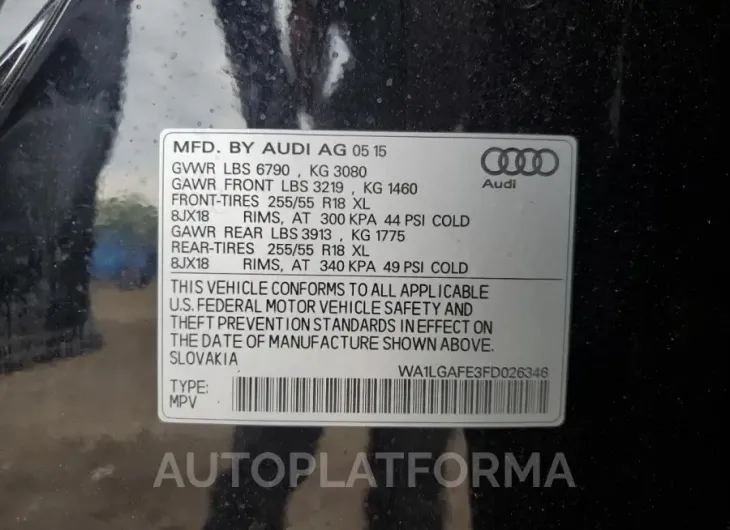 AUDI Q7 PREMIUM 2015 vin WA1LGAFE3FD026346 from auto auction Copart