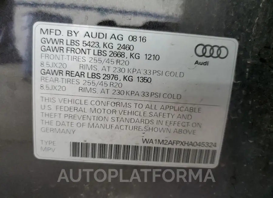 AUDI Q5 PREMIUM 2017 vin WA1M2AFPXHA045324 from auto auction Copart