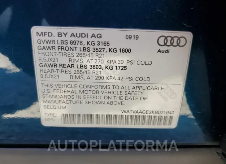 AUDI E-TRON PRE 2019 vin WA1VAAGE3KB021940 from auto auction Copart