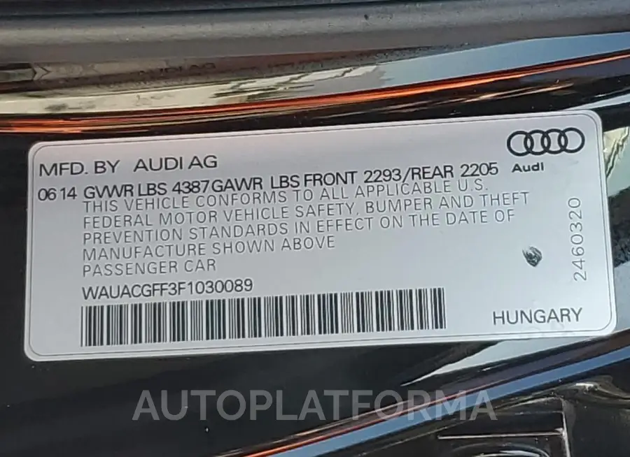 AUDI A3 PREMIUM 2015 vin WAUACGFF3F1030089 from auto auction Copart