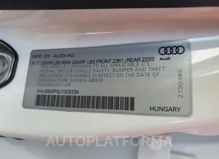 AUDI A3 PREMIUM 2018 vin WAUB8GFF8J1009334 from auto auction Copart