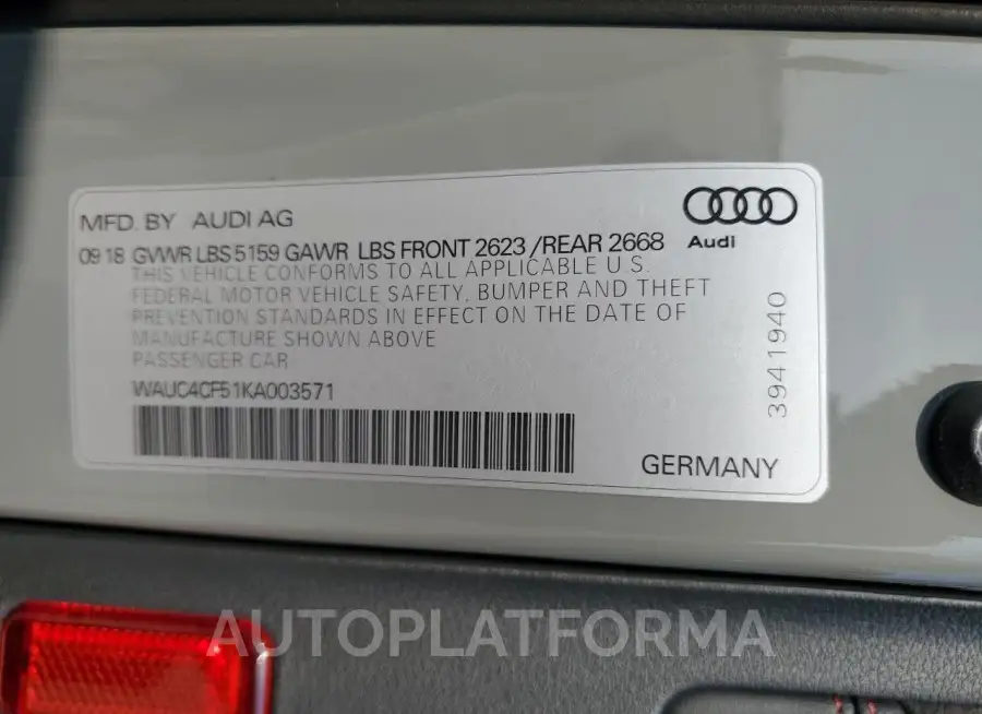 AUDI S5 PRESTIG 2019 vin WAUC4CF51KA003571 from auto auction Copart