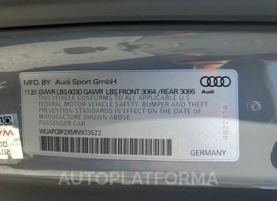 AUDI RS7 2021 vin WUAPCBF2XMN903522 from auto auction Copart