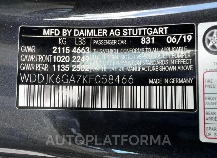 MERCEDES-BENZ SL 450 2019 vin WDDJK6GA7KF058466 from auto auction Copart