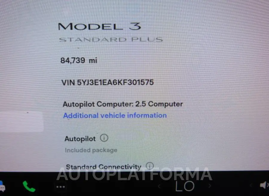 TESLA MODEL 3 2019 vin 5YJ3E1EA6KF301575 from auto auction Copart