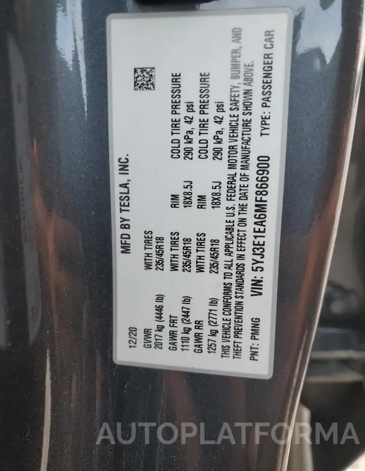 TESLA MODEL 3 2021 vin 5YJ3E1EA6MF866900 from auto auction Copart