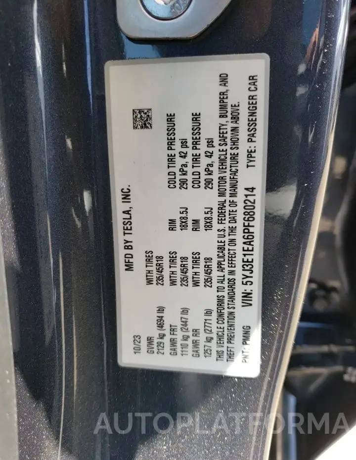 TESLA MODEL 3 2023 vin 5YJ3E1EA6PF680214 from auto auction Copart