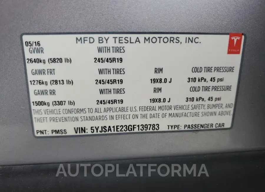 TESLA MODEL S 2016 vin 5YJSA1E23GF139783 from auto auction Copart