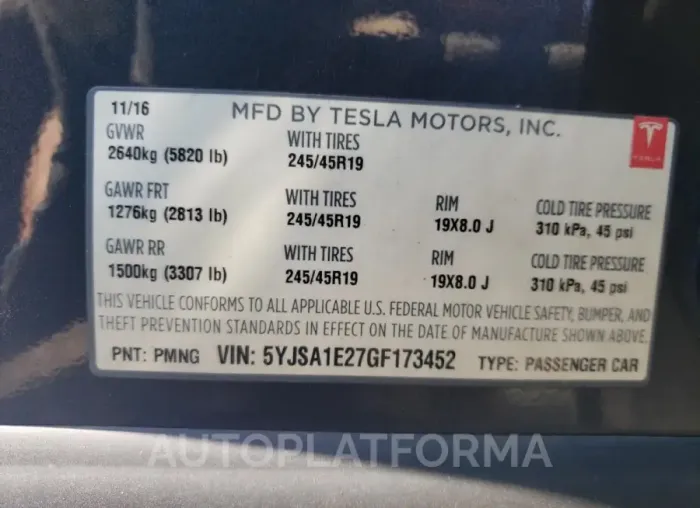 TESLA MODEL S 2016 vin 5YJSA1E27GF173452 from auto auction Copart