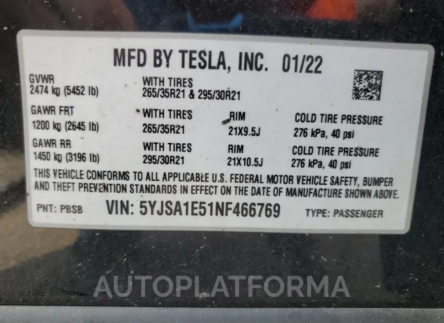 TESLA MODEL S 2022 vin 5YJSA1E51NF466769 from auto auction Copart