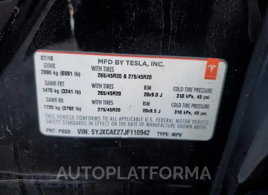 TESLA MODEL X 2018 vin 5YJXCAE27JF110942 from auto auction Copart