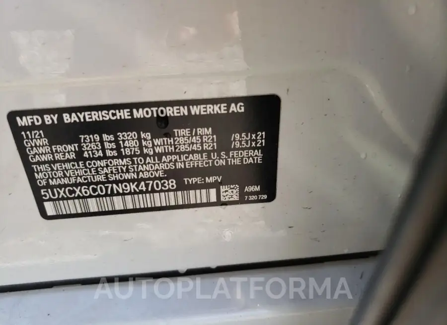 BMW X7 M50I 2022 vin 5UXCX6C07N9K47038 from auto auction Copart