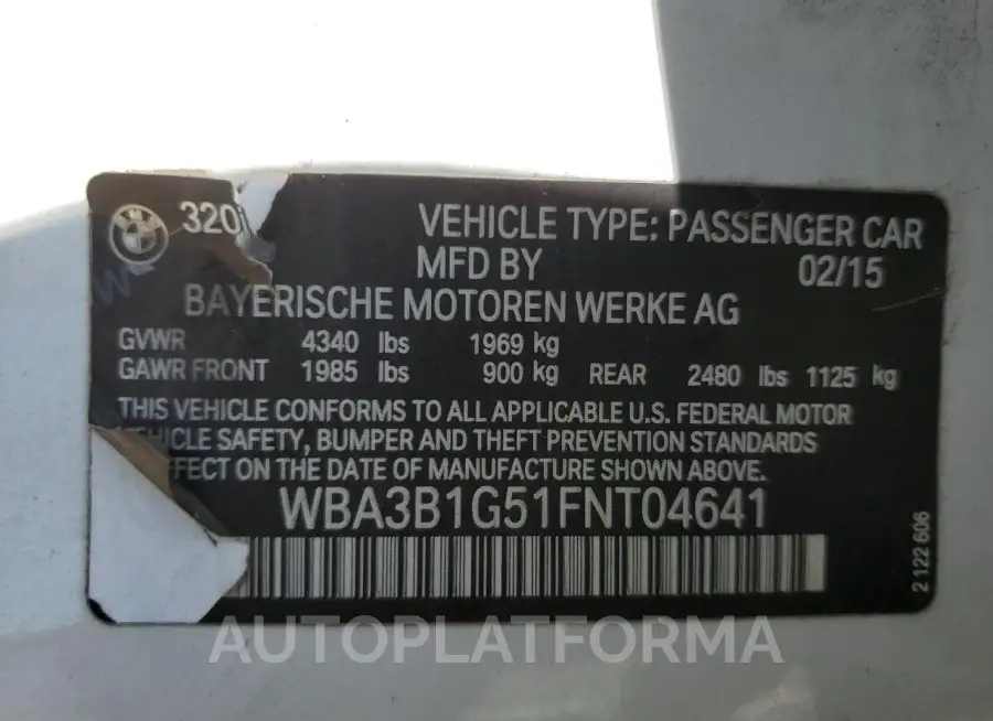 BMW 320 I 2015 vin WBA3B1G51FNT04641 from auto auction Copart