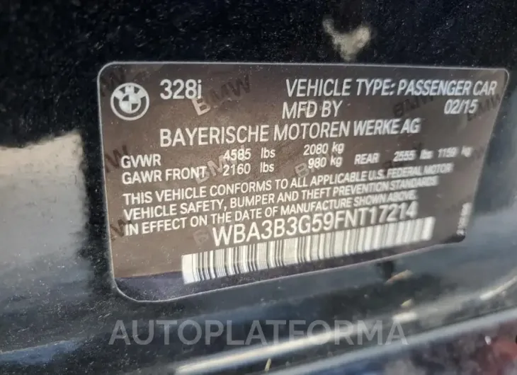 BMW 328 XI 2015 vin WBA3B3G59FNT17214 from auto auction Copart