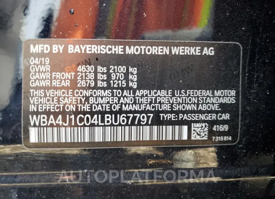 BMW 430I GRAN 2020 vin WBA4J1C04LBU67797 from auto auction Copart