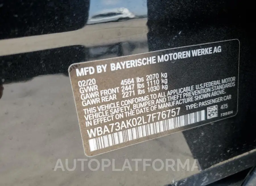 BMW 228XI 2020 vin WBA73AK02L7F76757 from auto auction Copart