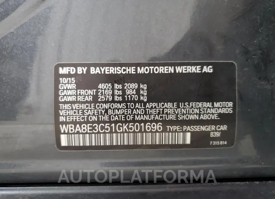 BMW 328 XI SUL 2016 vin WBA8E3C51GK501696 from auto auction Copart