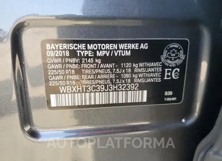 BMW X1 XDRIVE2 2018 vin WBXHT3C39J3H32392 from auto auction Copart