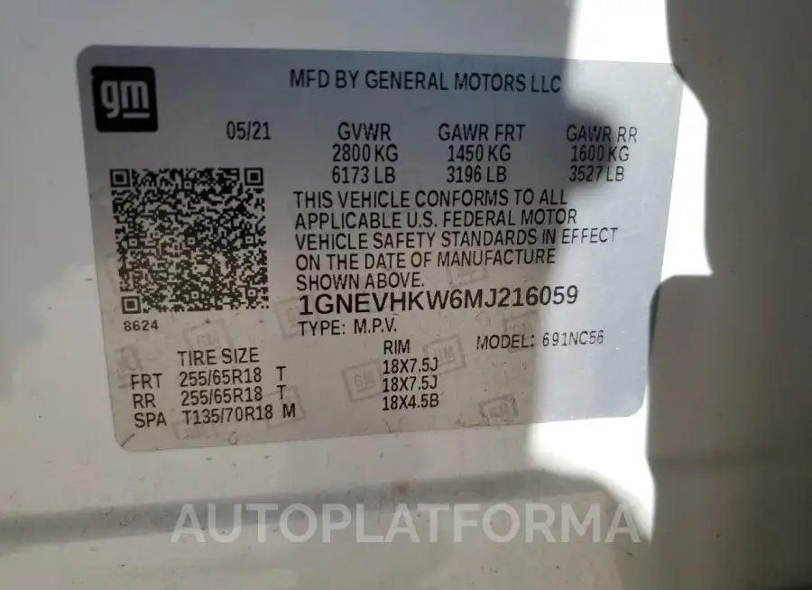 CHEVROLET TRAVERSE L 2021 vin 1GNEVHKW6MJ216059 from auto auction Copart