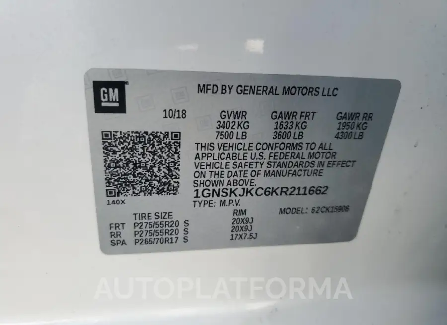 CHEVROLET SUBURBAN K 2019 vin 1GNSKJKC6KR211662 from auto auction Copart